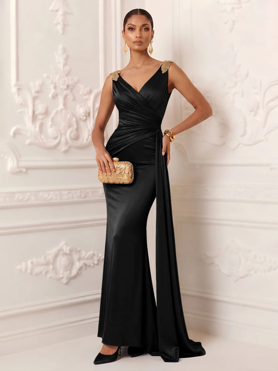 Satin Mermaid V Neck Sash Ruched Evening Dresses