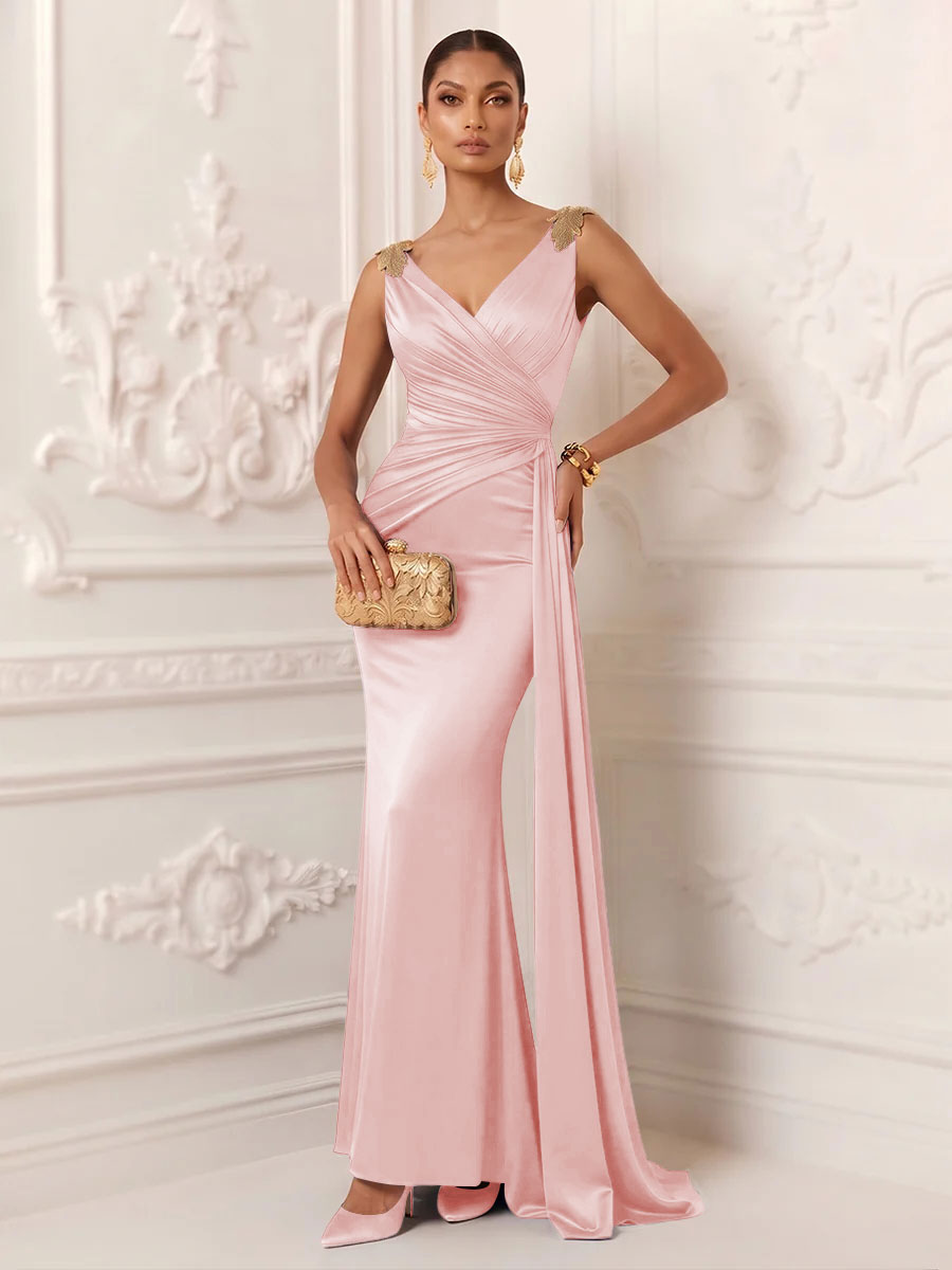 Satin Mermaid V Neck Sash Ruched Evening Dresses