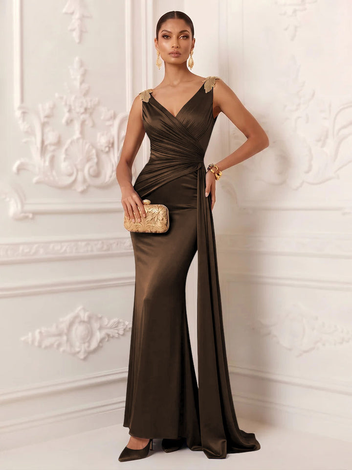 Satin Mermaid V Neck Sash Ruched Evening Dresses