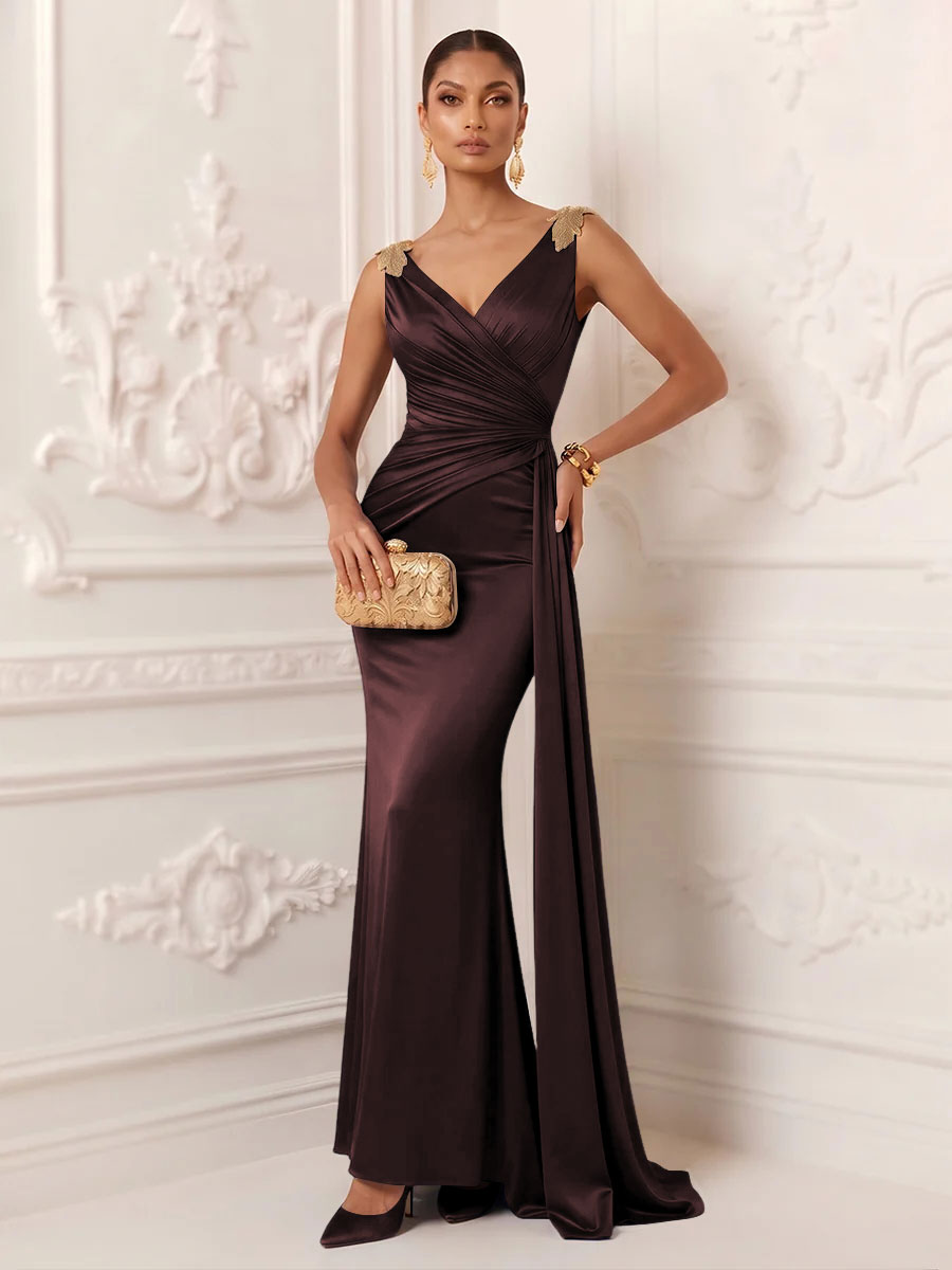 Satin Mermaid V Neck Sash Ruched Evening Dresses
