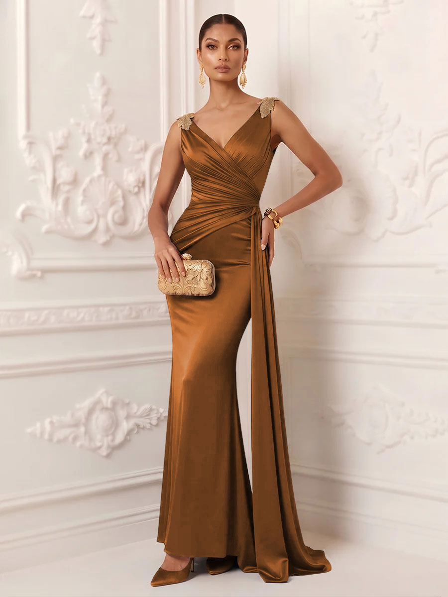 Satin Mermaid V Neck Sash Ruched Evening Dresses