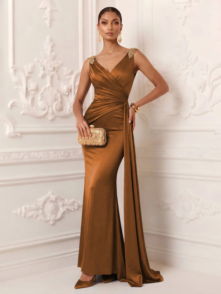 Satin Mermaid V Neck Sash Ruched Evening Dresses