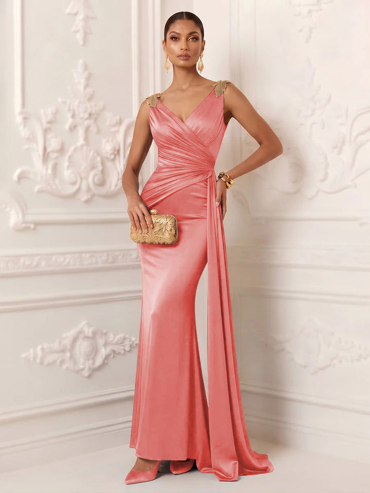Satin Mermaid V Neck Sash Ruched Evening Dresses