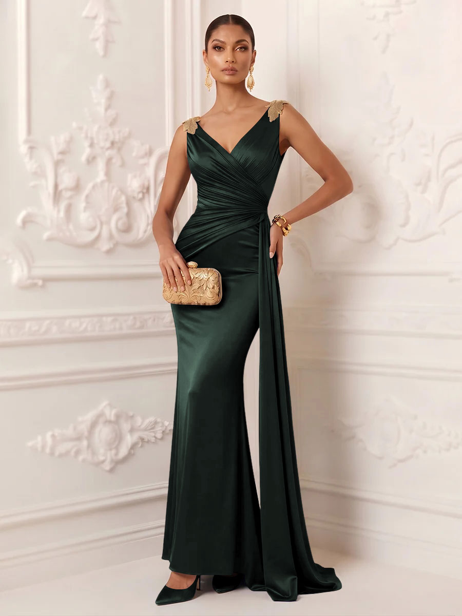 Satin Mermaid V Neck Sash Ruched Evening Dresses