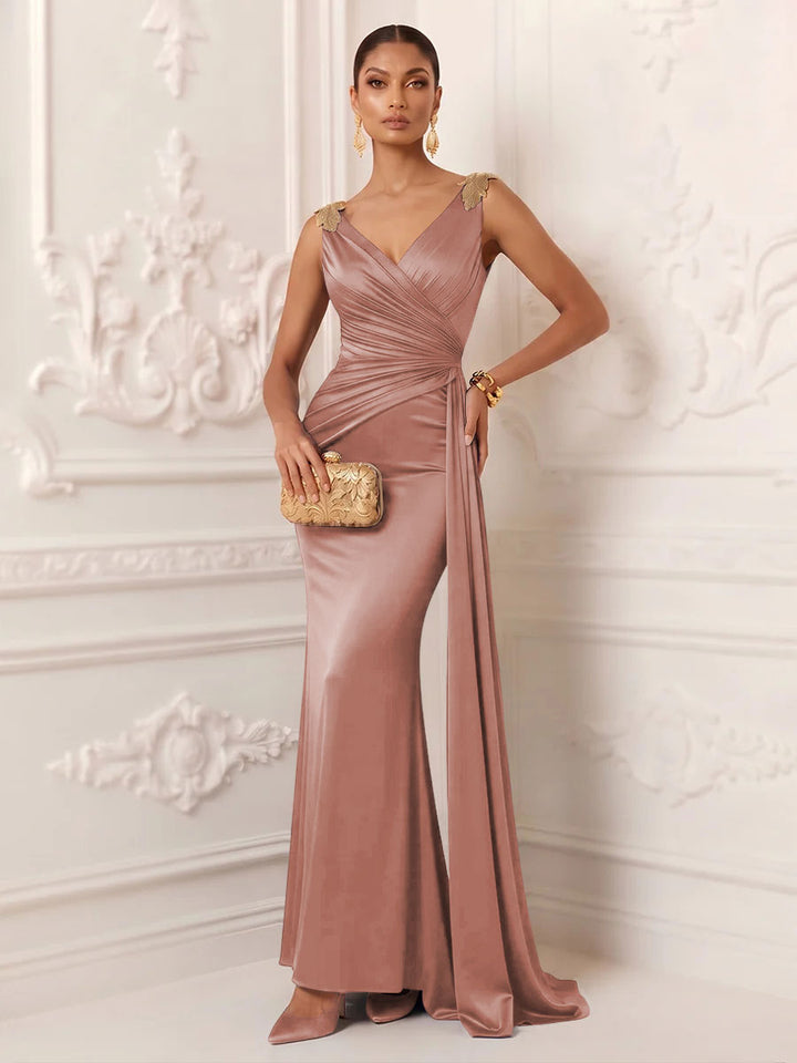 Satin Mermaid V Neck Sash Ruched Evening Dresses