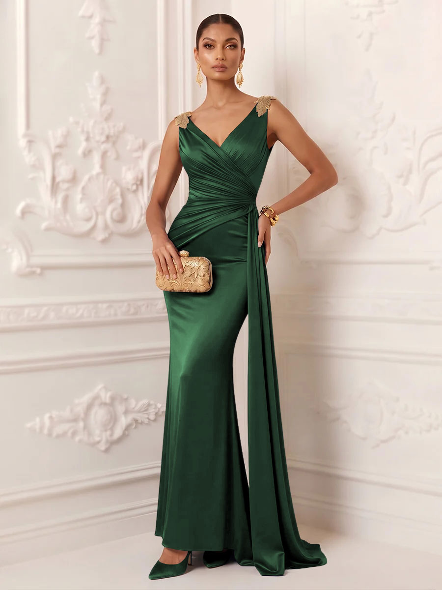 Satin Mermaid V Neck Sash Ruched Evening Dresses