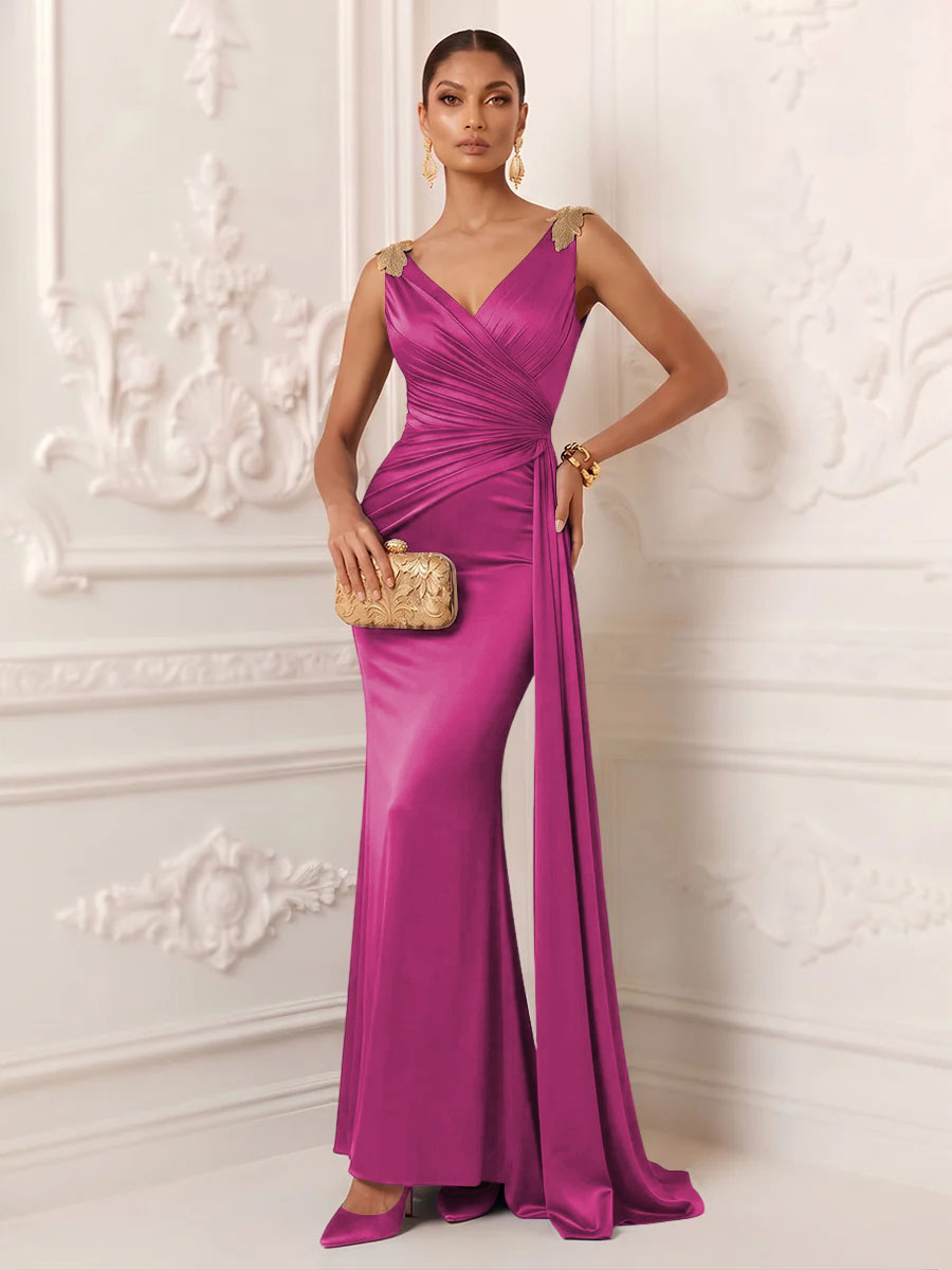 Satin Mermaid V Neck Sash Ruched Evening Dresses
