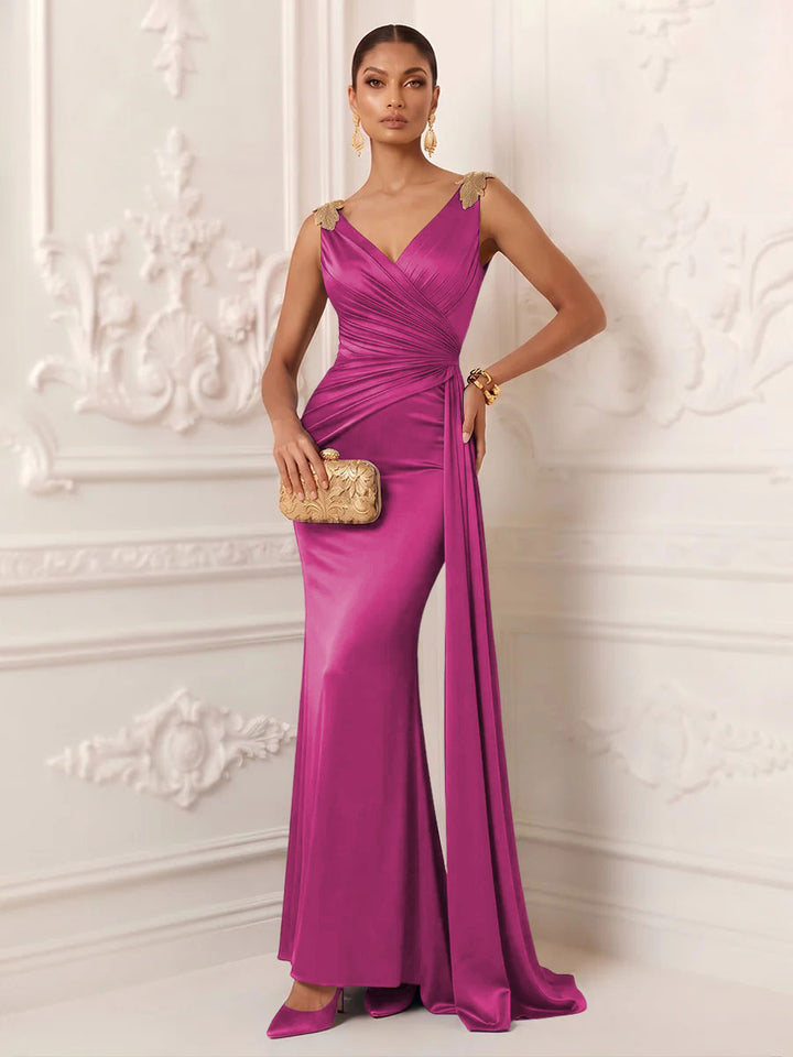Satin Mermaid V Neck Sash Ruched Evening Dresses