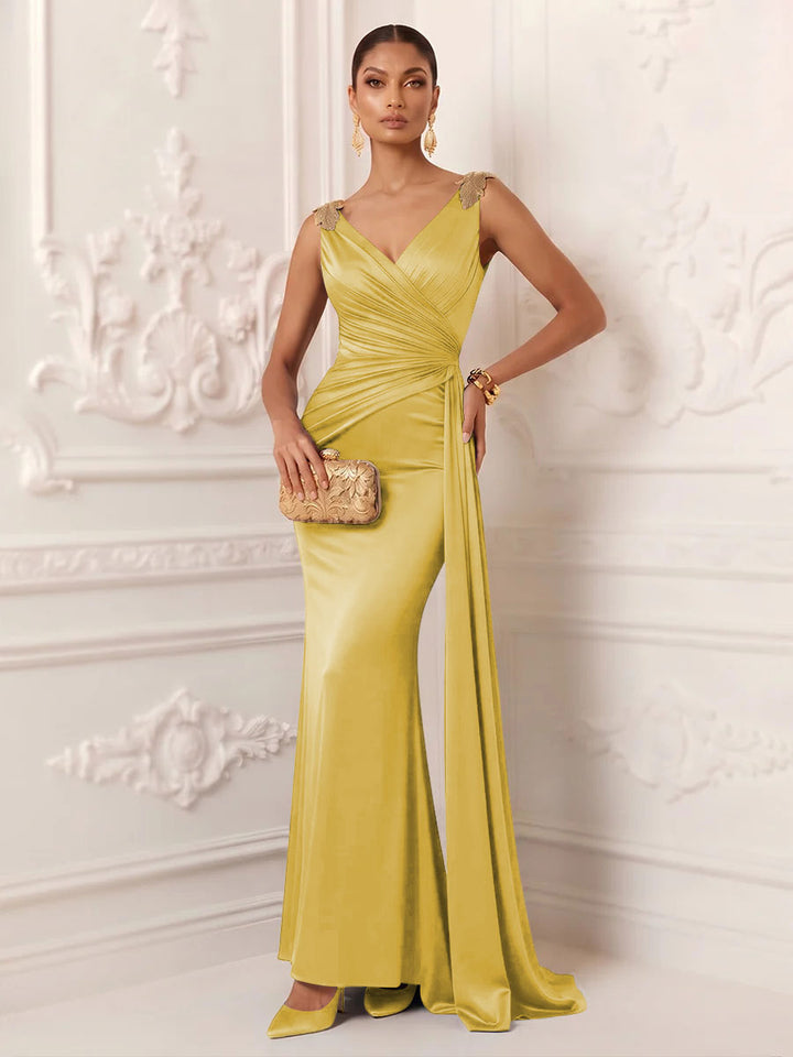 Satin Mermaid V Neck Sash Ruched Evening Dresses