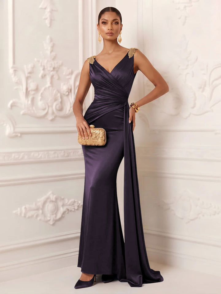 Satin Mermaid V Neck Sash Ruched Evening Dresses