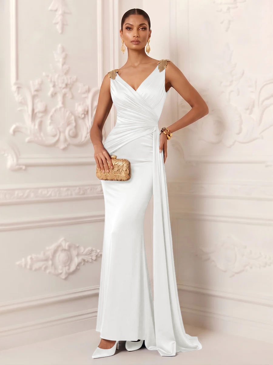 Satin Mermaid V Neck Sash Ruched Evening Dresses