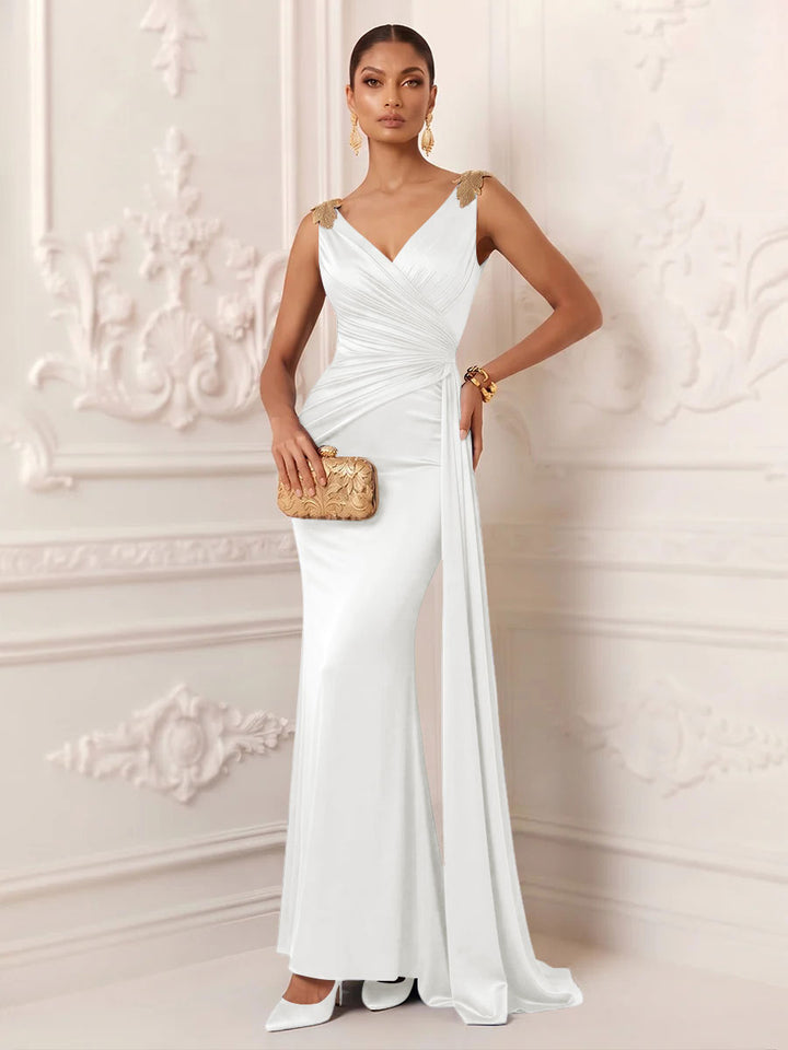 Satin Mermaid V Neck Sash Ruched Evening Dresses