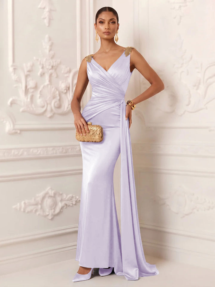 Satin Mermaid V Neck Sash Ruched Evening Dresses