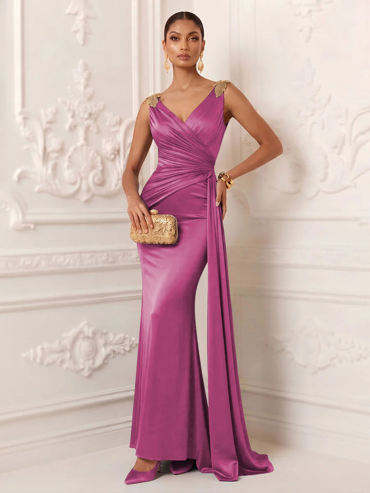 Satin Mermaid V Neck Sash Ruched Evening Dresses