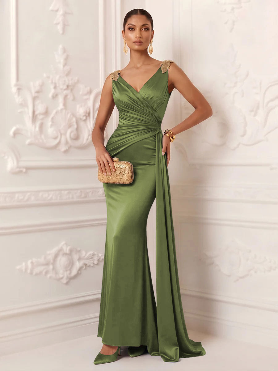 Satin Mermaid V Neck Sash Ruched Evening Dresses
