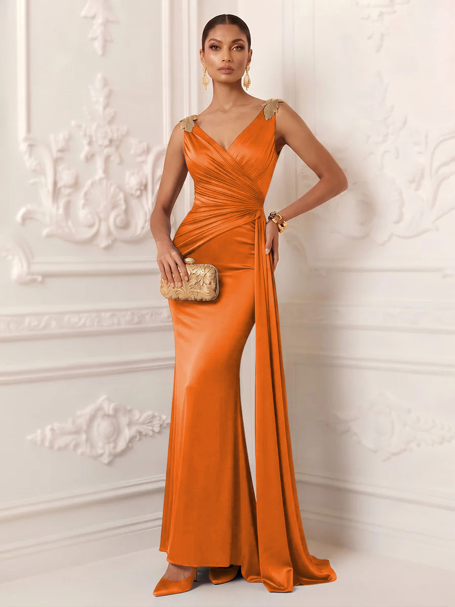 Satin Mermaid V Neck Sash Ruched Evening Dresses