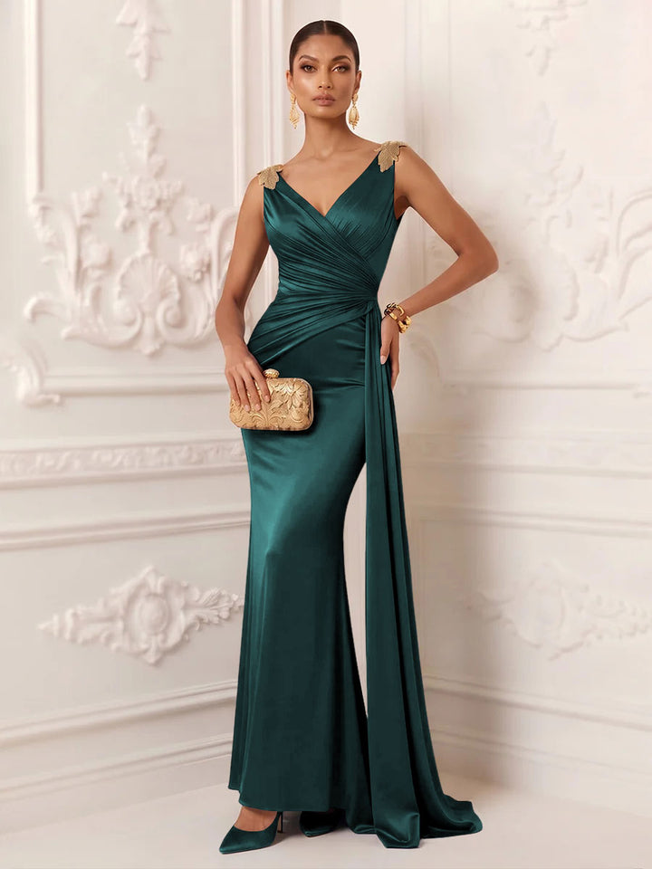 Satin Mermaid V Neck Sash Ruched Evening Dresses