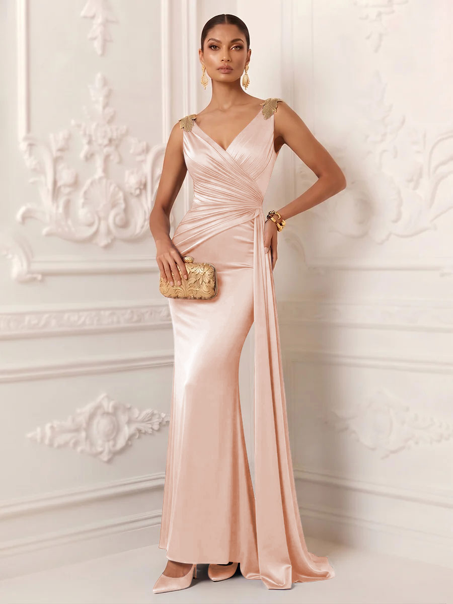 Satin Mermaid V Neck Sash Ruched Evening Dresses