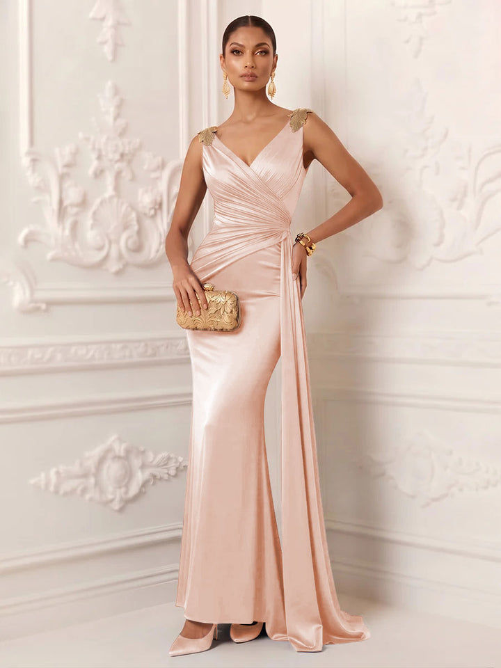 Satin Mermaid V Neck Sash Ruched Evening Dresses