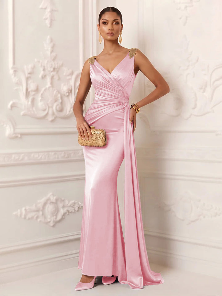 Satin Mermaid V Neck Sash Ruched Evening Dresses