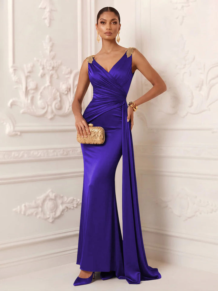 Satin Mermaid V Neck Sash Ruched Evening Dresses