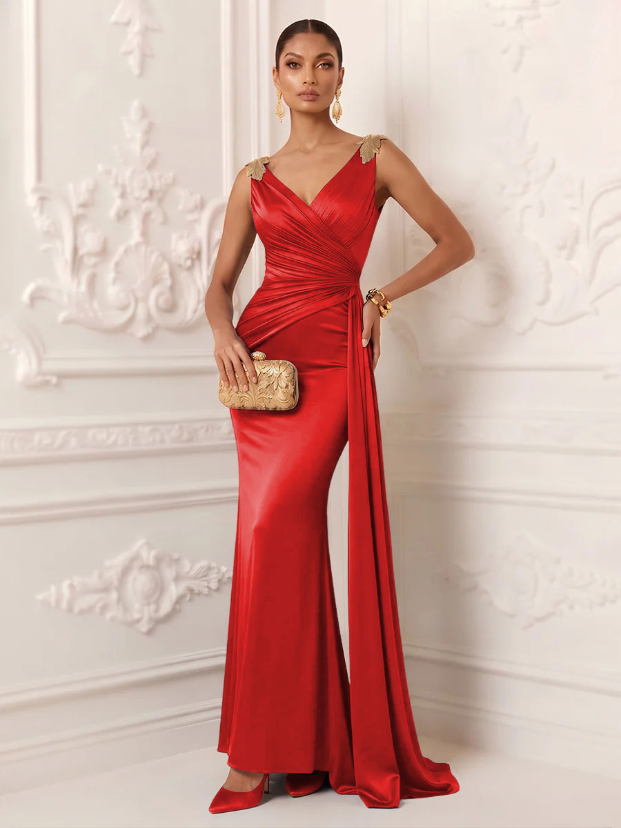Satin Mermaid V Neck Sash Ruched Evening Dresses