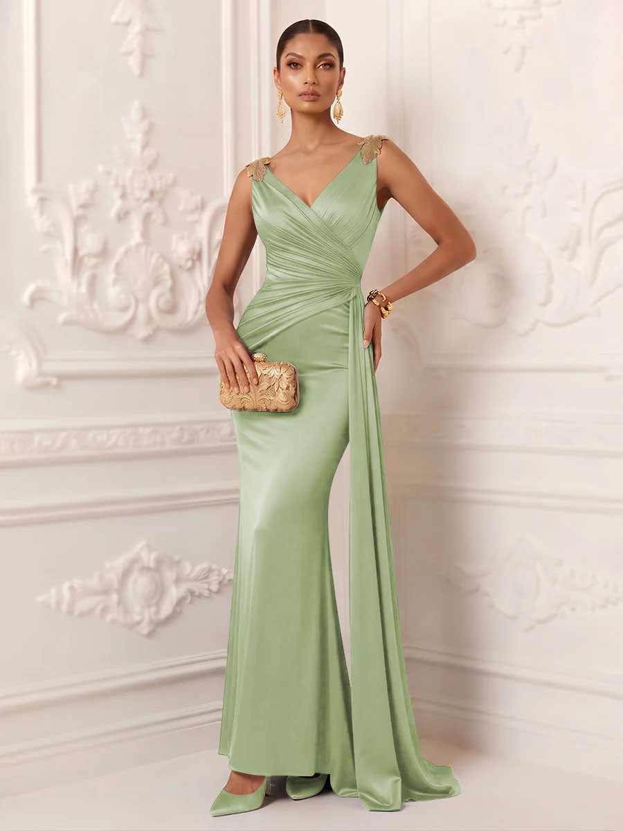 Satin Mermaid V Neck Sash Ruched Evening Dresses