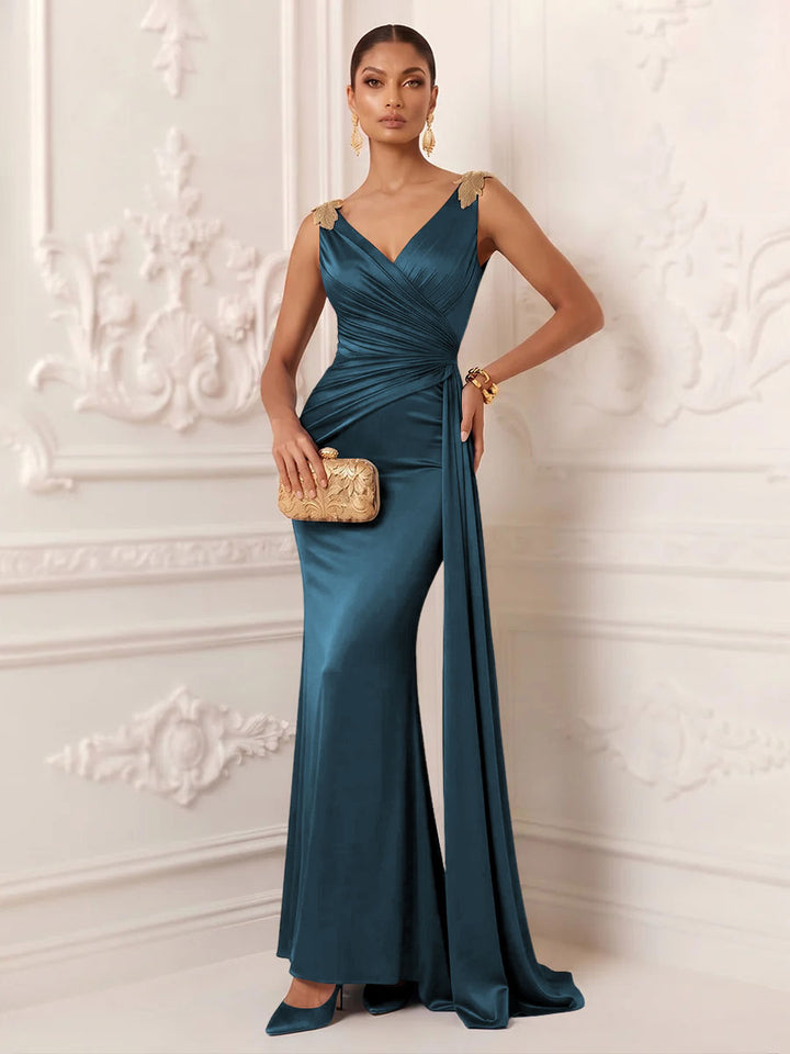 Satin Mermaid V Neck Sash Ruched Evening Dresses