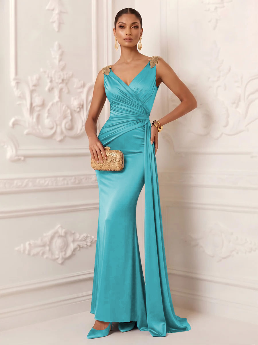 Satin Mermaid V Neck Sash Ruched Evening Dresses