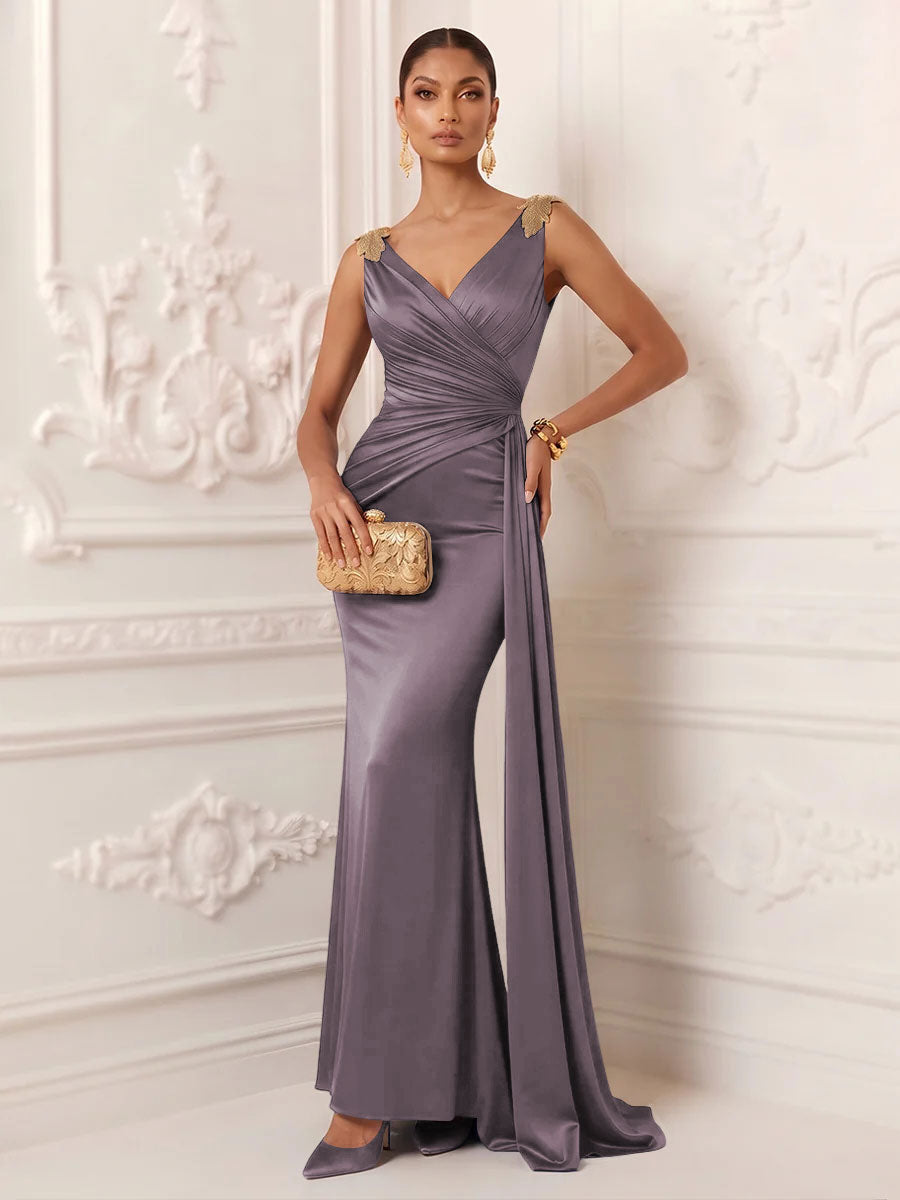 Satin Mermaid V Neck Sash Ruched Evening Dresses