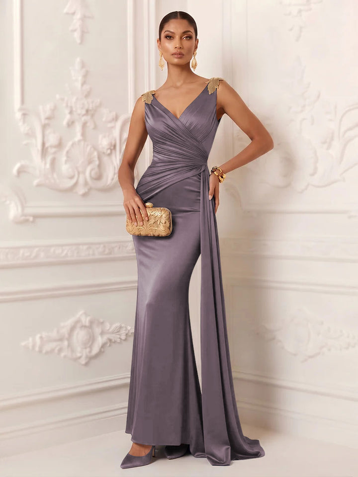 Satin Mermaid V Neck Sash Ruched Evening Dresses