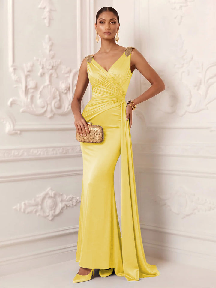 Satin Mermaid V Neck Sash Ruched Evening Dresses