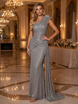 Sequin Mermaid One Shoulder 3D Flowers Ruched Evening Dresses