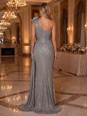 Sequin Mermaid One Shoulder 3D Flowers Ruched Evening Dresses
