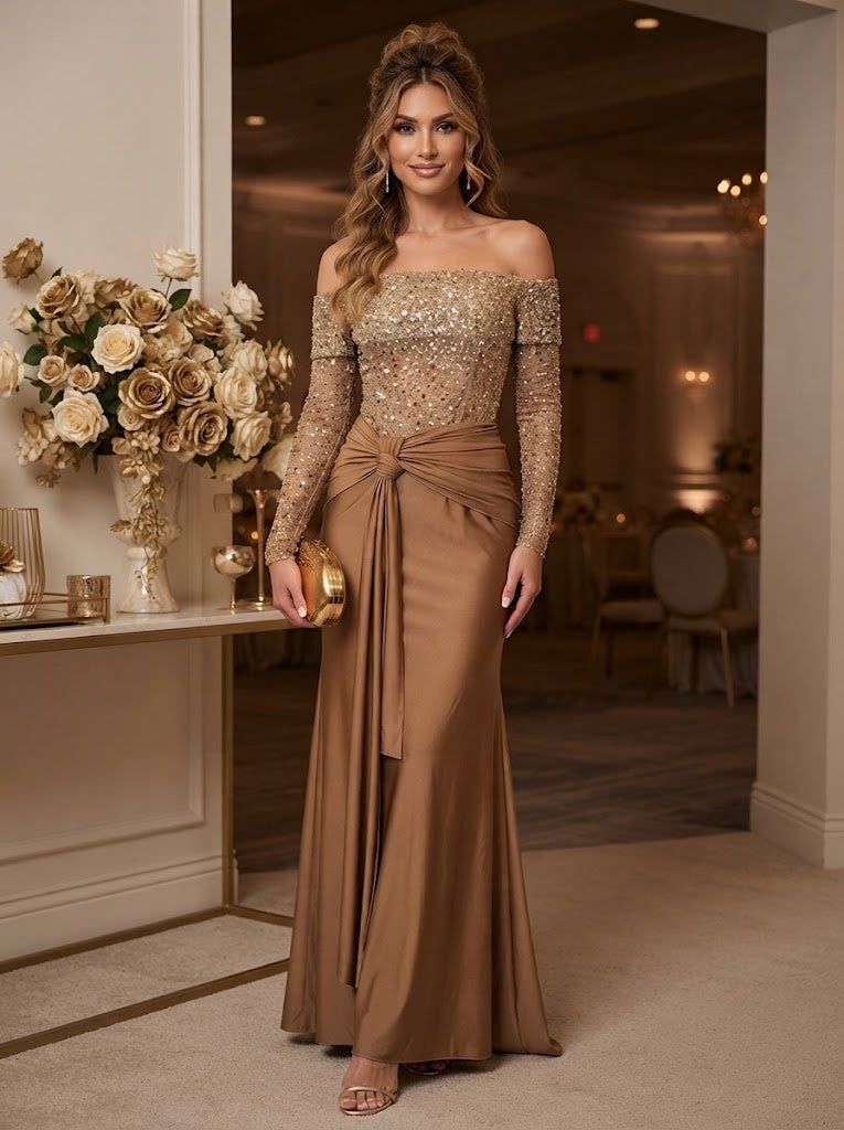Sequin Mermaid Off the Shoulder Sequin Bow Evening Dresses