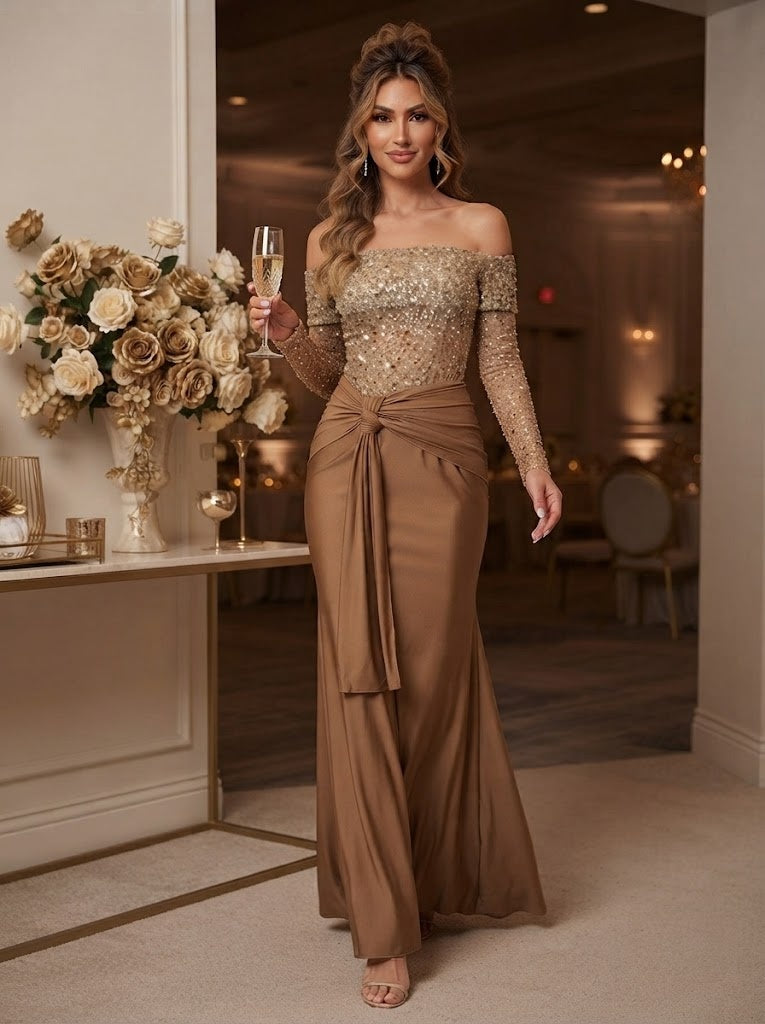 Sequin Mermaid Off the Shoulder Sequin Bow Evening Dresses