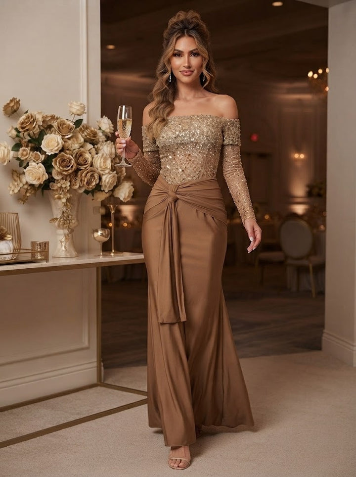 Sequin Mermaid Off the Shoulder Sequin Bow Evening Dresses