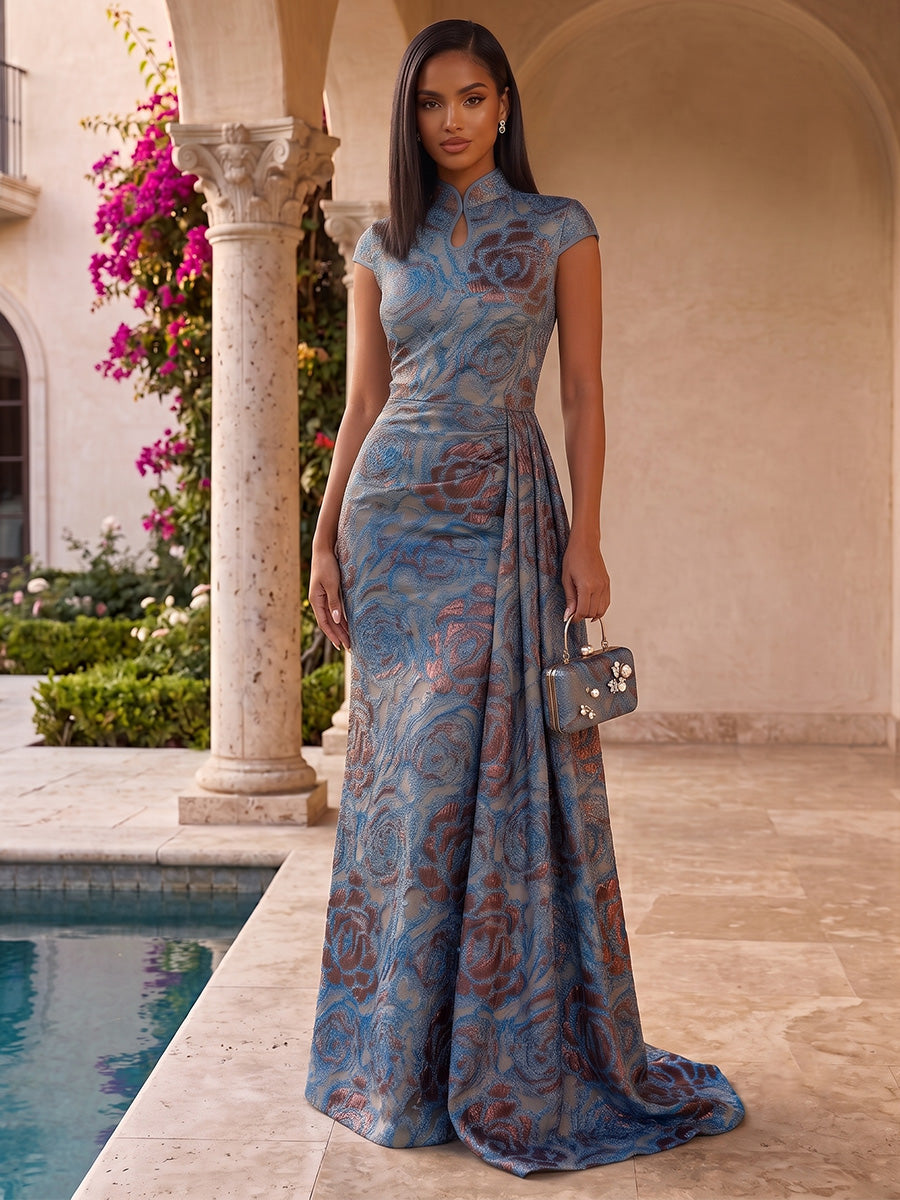 Satin Jacquard Mermaid Stand Collar Pleats Evening Dresses