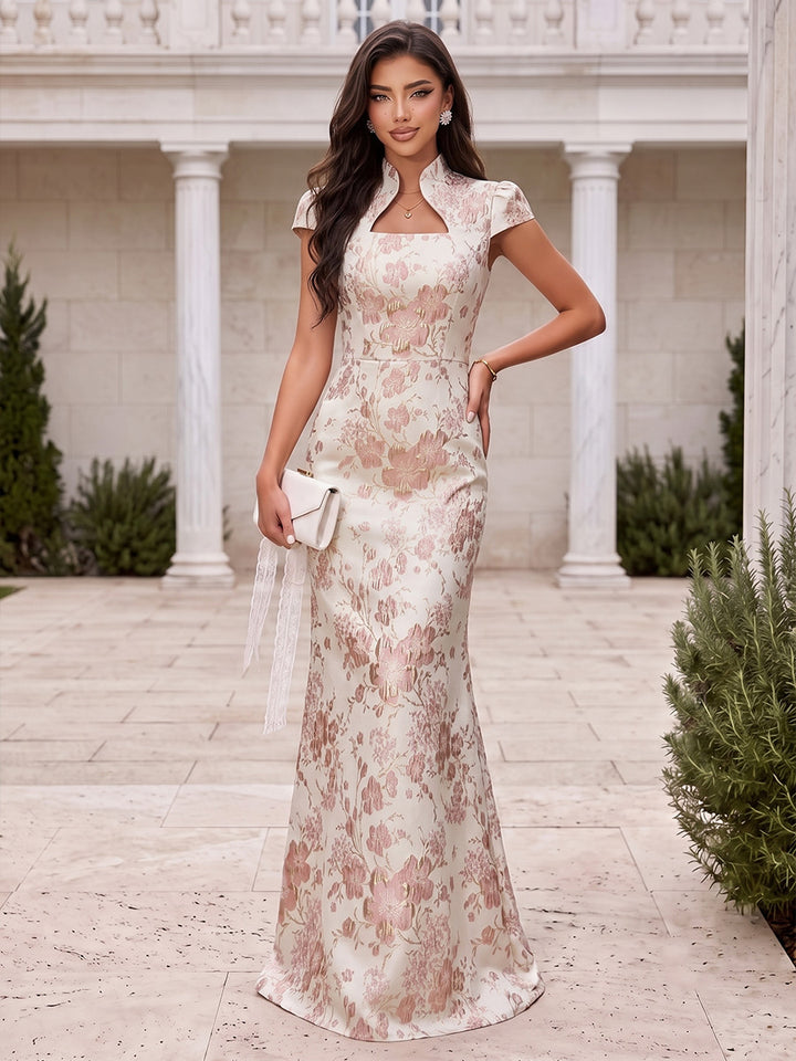 Satin Jacquard Mermaid Stand Collar Jacquard Evening Dresses