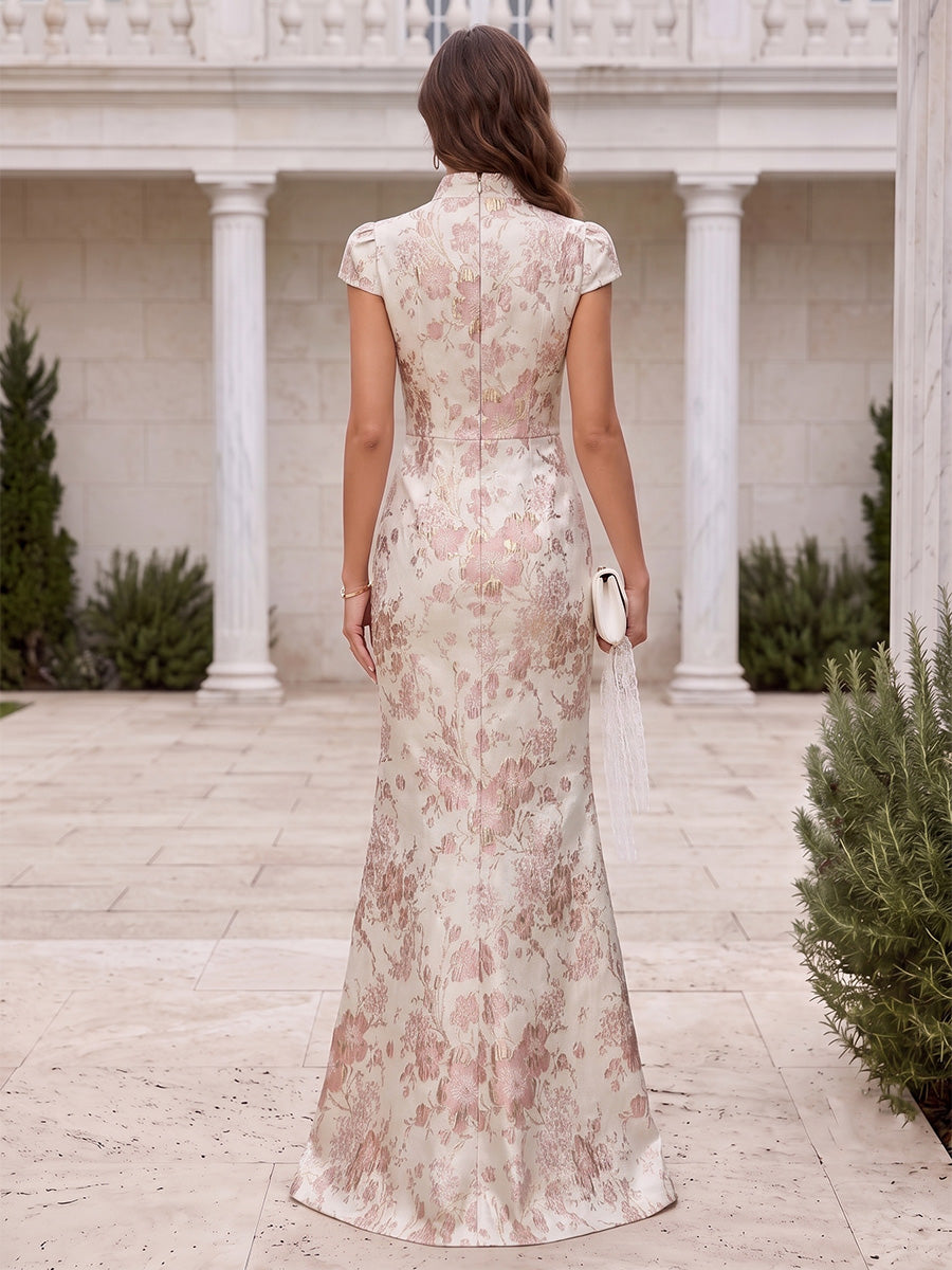 Satin Jacquard Mermaid Stand Collar Jacquard Evening Dresses