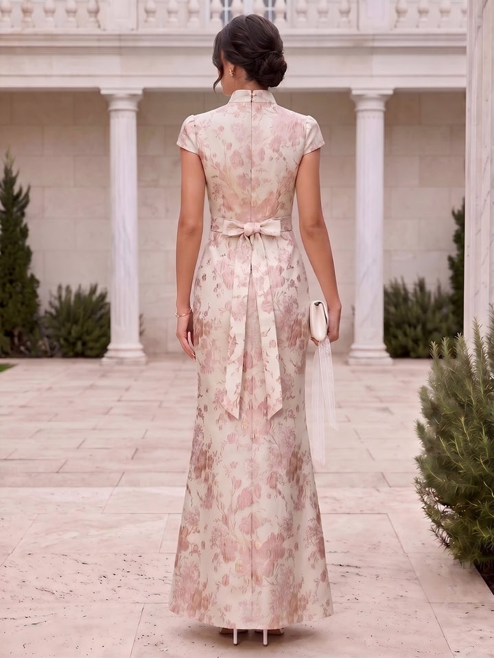 Satin Jacquard Mermaid Stand Collar Jacquard Evening Dresses