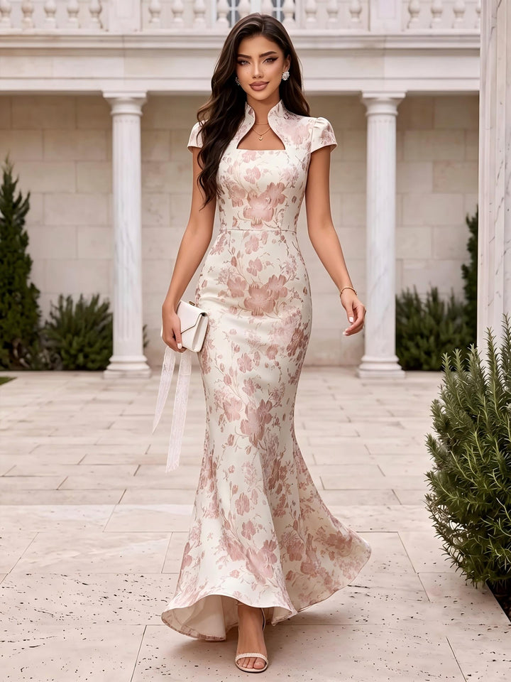 Satin Jacquard Mermaid Stand Collar Jacquard Evening Dresses