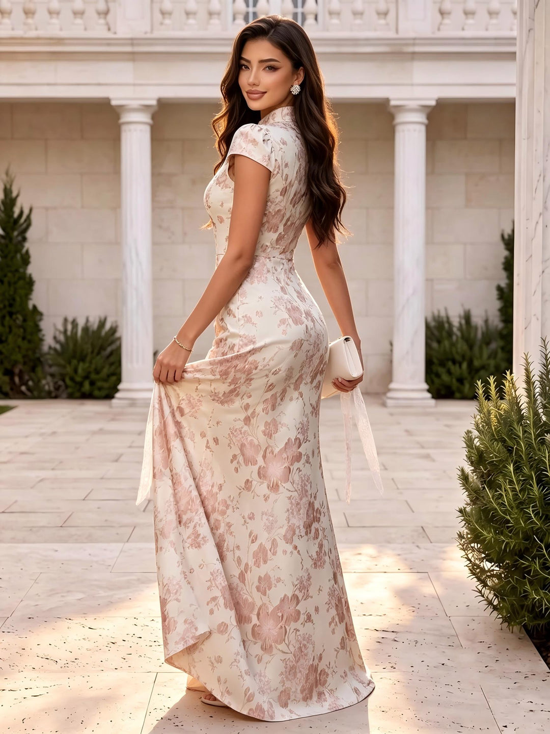Satin Jacquard Mermaid Stand Collar Jacquard Evening Dresses
