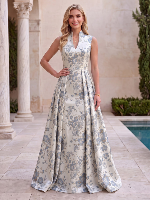 Satin Jacquard A Line V Neck Jacquard Evening Dresses