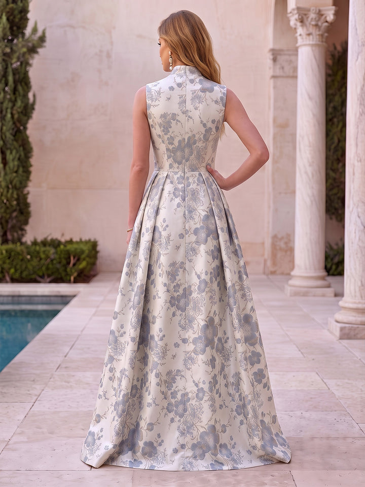 Satin Jacquard A Line V Neck Jacquard Evening Dresses