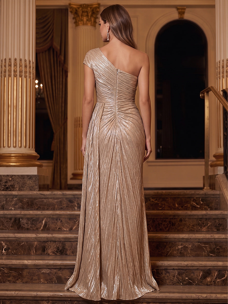 Metallic Satin A Line One Shoulder Metallic Lamé Fabric Pleated Evening Dresses