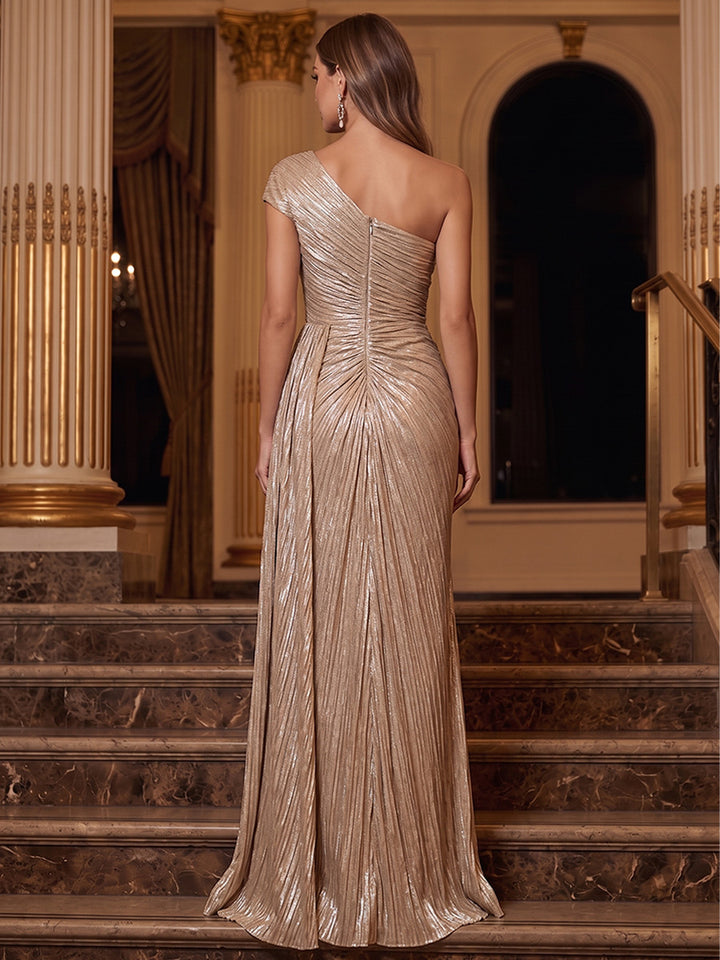 Metallic Satin A Line One Shoulder Metallic Lamé Fabric Pleated Evening Dresses