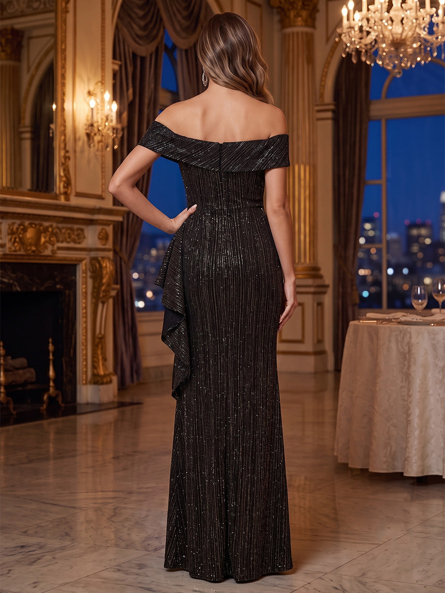 Metallic Satin A Line Off the Shoulder Metallic Lamé Fabric Side Slit Evening Dresses