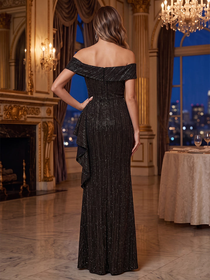 Metallic Satin A Line Off the Shoulder Metallic Lamé Fabric Side Slit Evening Dresses