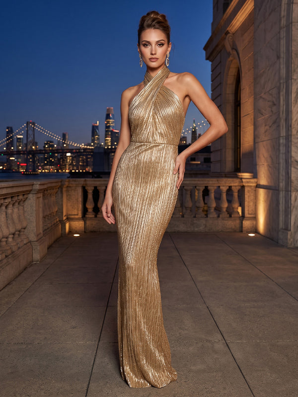 Metallic Satin Mermaid Halter Metallic Lamé Fabric High Waist Evening Dresses
